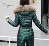 Ingvn - One Piece Ski Suit Women Jackets Winter Hooded Parka Jumpsuit Cotton Bodysuit Sashes