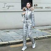 Ingvn - One Piece Ski Suit Women Jackets Winter Hooded Parka Jumpsuit Cotton Bodysuit Sashes