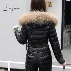 Ingvn - One Piece Ski Suit Women Jackets Winter Hooded Parka Jumpsuit Cotton Bodysuit Sashes