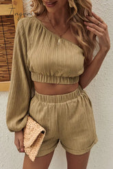 Ingvn - One-Shoulder Balloon Sleeve Crop Top And Shorts Set Khaki / S