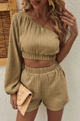 Ingvn - One-Shoulder Balloon Sleeve Crop Top And Shorts Set Khaki / S