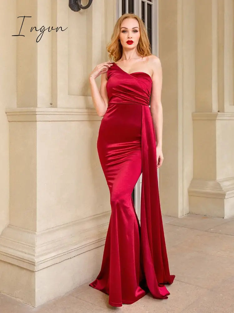 Ingvn - One Shoulder Padded Sexy Satin Maxi Dress Women’s Evening Party Gown With Ribbon Royal