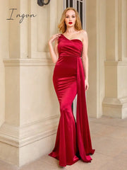 Ingvn - One Shoulder Padded Sexy Satin Maxi Dress Women’s Evening Party Gown With Ribbon Royal