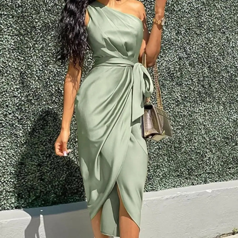 Ingvn - One Shoulder Ruched Design Party Dress Bodycon