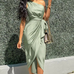Ingvn - One Shoulder Ruched Design Party Dress Bodycon