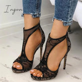Ingvn - Open Toe Cutout Lace Thin Heel Sandals