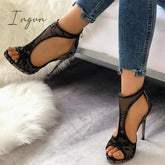 Ingvn - Open Toe Cutout Lace Thin Heel Sandals Black / 5