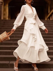 Ingvn - Outfits 2023 Elegant White Dresses Women Cascading Ruffle Long Sleeve V Neck Maxi Dress