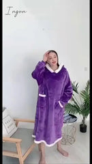 Ingvn - Oversized Wearable Blanket Flannel Thick Soft Warm Long Hoodie Big Hooded Sweatshirt For