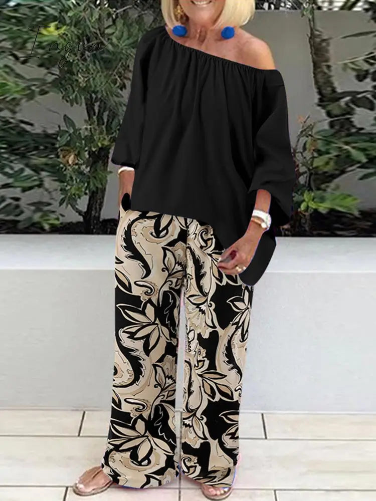 Ingvn - Pants Sets Fashion One Shoulder 3/4 Sleeve Tops Floral Print Wide Leg Trouser Women Two