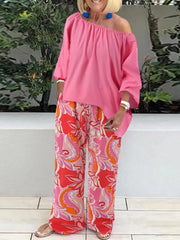 Ingvn - Pants Sets Fashion One Shoulder 3/4 Sleeve Tops Floral Print Wide Leg Trouser Women Two