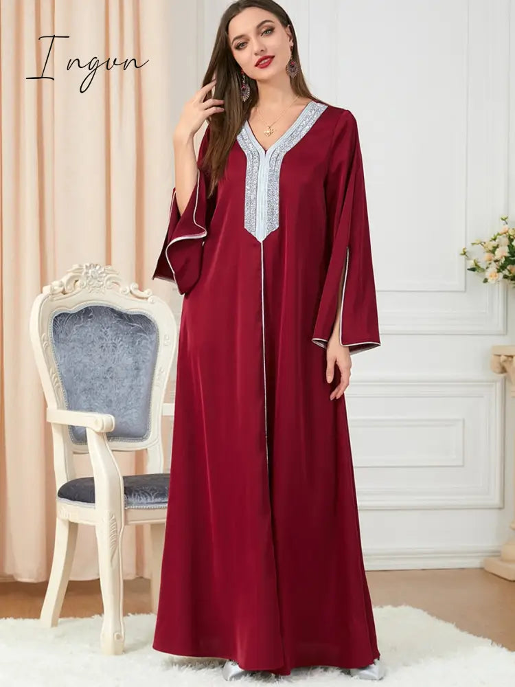 Ingvn - Party Dress Muslim Women Abaya Prayer Caftan V Neck Diamond Maxi Dresses Robe India Abayas