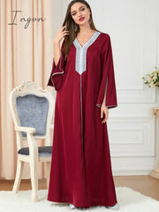 Ingvn - Party Dress Muslim Women Abaya Prayer Caftan V Neck Diamond Maxi Dresses Robe India Abayas