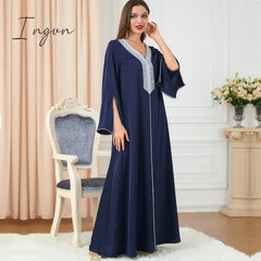 Ingvn - Party Dress Muslim Women Abaya Prayer Caftan V Neck Diamond Maxi Dresses Robe India Abayas