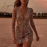 Ingvn - Party Dresses For Women 2023 Bodycon Lady Deep-V Slim Elegant Long-Sleeved Sequin Dress