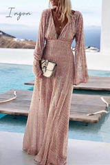 Ingvn - Party Solid Sequins V Neck Evening Dress Dresses Pink / S Dresses/Casual