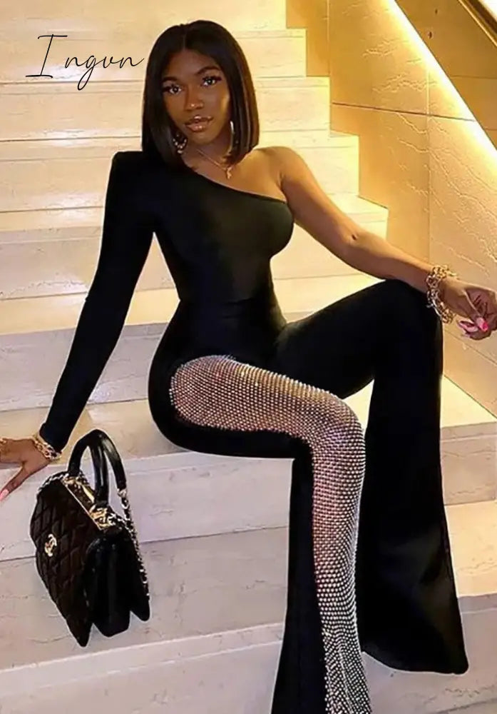 Ingvn - Patchwork Diamond Fishnet Bodycon Women Jumpsuit Black One Shoulder Long Sleeve Lady Sexy