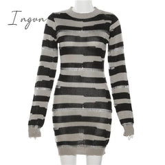 Ingvn - Patchwork Stripe Knitted Mini Dress 2023 Fall Winter Women Fashion Full Sleeve Bodycon