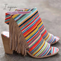 Ingvn - Peep Toe Chunky Heel Zipper Stripe Sandals