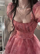 Ingvn - Pink Floral Short Party Dress Sexy Lace Puff Fairy Kawaii Clothing Mini Fashion Birthday