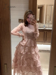 Ingvn - Pink Lace Embroidery Maxi Dress Female Spring Winter Full Sleeve High Waist Ruffle Elegant