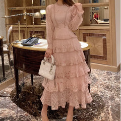 Ingvn - Pink Lace Embroidery Maxi Dress Female Spring Winter Full Sleeve High Waist Ruffle Elegant
