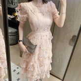 Ingvn - Pink Lace Embroidery Maxi Dress Female Spring Winter Full Sleeve High Waist Ruffle Elegant
