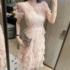 Ingvn - Pink Lace Embroidery Maxi Dress Female Spring Winter Full Sleeve High Waist Ruffle Elegant