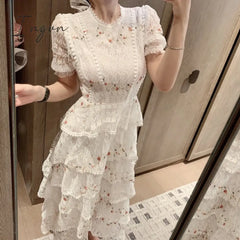 Ingvn - Pink Lace Embroidery Maxi Dress Female Spring Winter Full Sleeve High Waist Ruffle Elegant