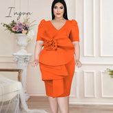 Ingvn - Pink Plus Size Dresses Women V Neck Short Puff Sleeve Big Flower Knee Length Outfits For