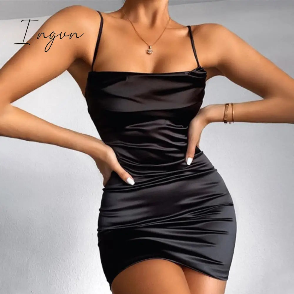 Ingvn - Pink Satin Silk Spaghetti Strap Mini Dress Summer Women Sexy Bandage Backless Sleeveless