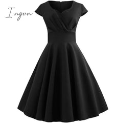 Ingvn - Pink Summer Dress Women V Neck Big Swing Vintage Robe Femme Elegant Retro Pin Up Party