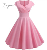 Ingvn - Pink Summer Dress Women V Neck Big Swing Vintage Robe Femme Elegant Retro Pin Up Party