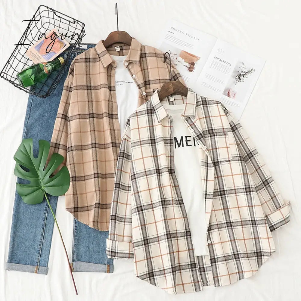 Ingvn - Plaid Shirts Womens Blouses Long Sleeve Lady Checked Tops Loose Female Outwear Casual