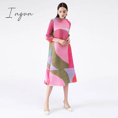 Ingvn - Pleated Dress Women Hit Color Geometric With Belt Sashes Over Size Long Sweet Casual New