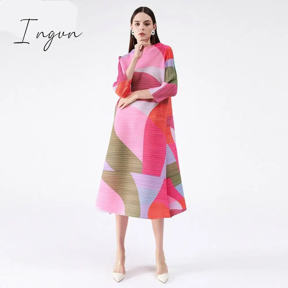 Ingvn - Pleated Dress Women Hit Color Geometric With Belt Sashes Over Size Long Sweet Casual New