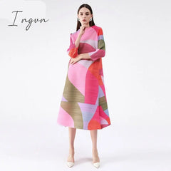 Ingvn - Pleated Dress Women Hit Color Geometric With Belt Sashes Over Size Long Sweet Casual New