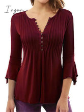 Ingvn - Pleated V-Neck Flared Sleeve Plain Color Blouse For Women Wine Red / S Tops