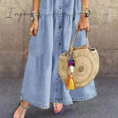Ingvn - Plus Size 3Xl Women Summer Denim Dress Retro Short Sleeve Turn Down Collar Pockets Button