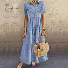 Ingvn - Plus Size 3Xl Women Summer Denim Dress Retro Short Sleeve Turn Down Collar Pockets Button