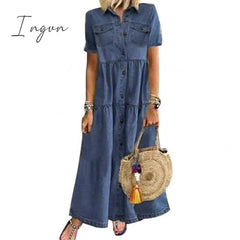 Ingvn - Plus Size 3Xl Women Summer Denim Dress Retro Short Sleeve Turn Down Collar Pockets Button