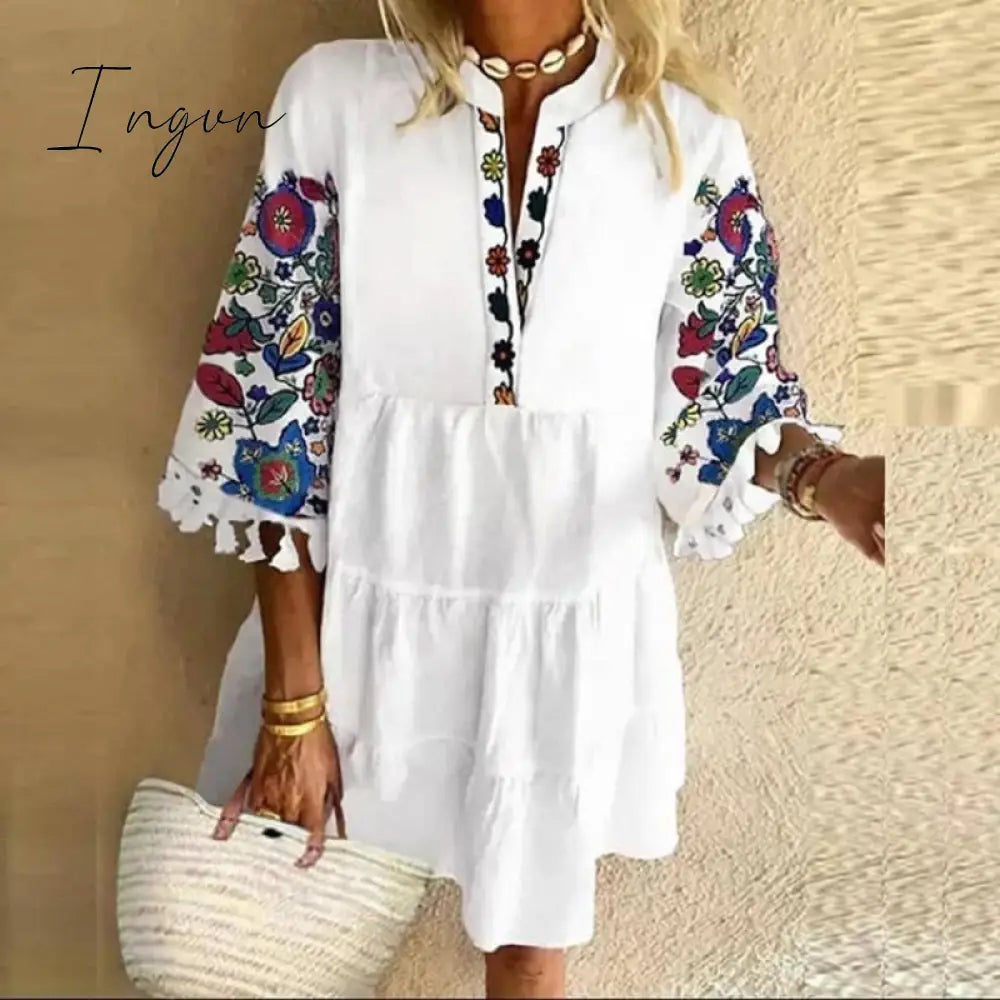 Ingvn - Plus Size 5Xl Floral Print Boho Dress Women Tassle Sleeved White Mini A - Lline Autumn New