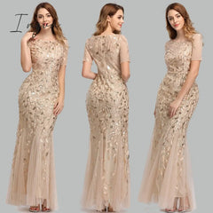 Ingvn - Plus Size Evening Dresses Mermaid O Neck Short Sleeve Lace Appliques Tulle Long Party Gown