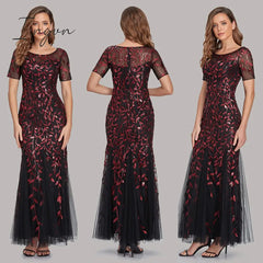 Ingvn - Plus Size Evening Dresses Mermaid O Neck Short Sleeve Lace Appliques Tulle Long Party Gown