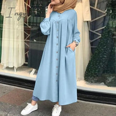 Ingvn - Plus Size Muslim Dresses Woman Shirt Dress Long Sleeve Maxi Vestidos Female Button Robe