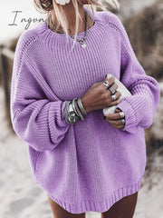 Ingvn - Plus Size Oversized Sweater Fall For Women Solid Pink Blue Khaki Purple Pullover Long