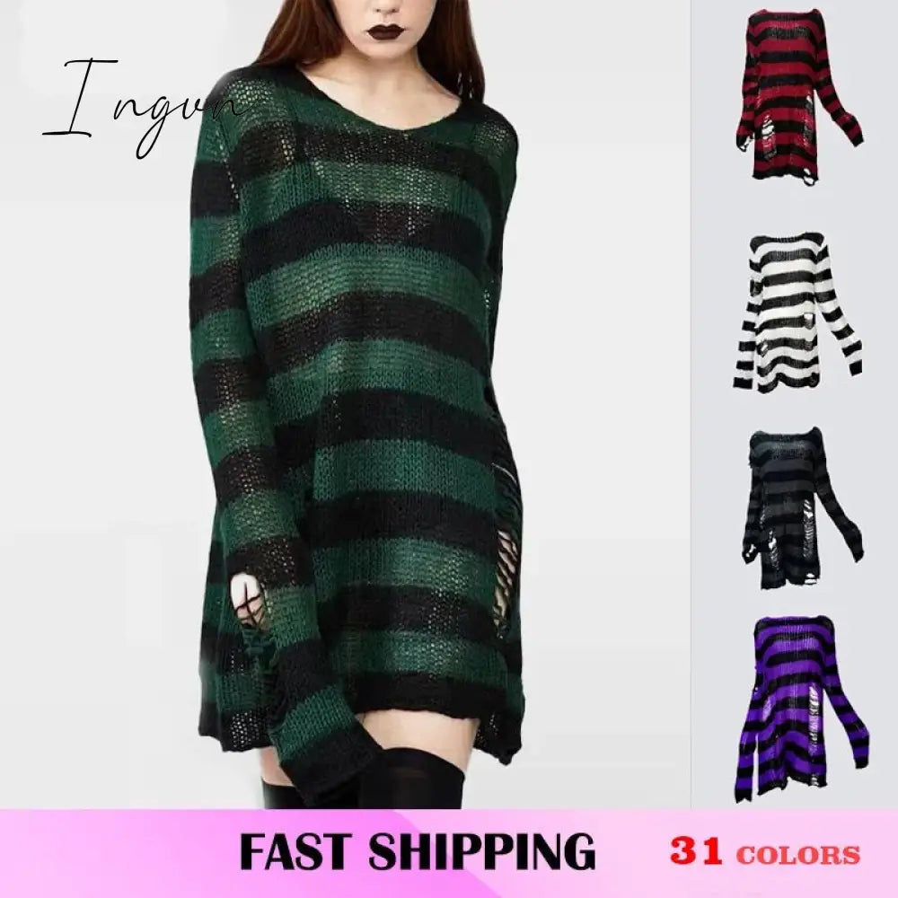 Ingvn - Plus Size Punk Gothic Long Unisex Sweater Dress Women Man Striped Cool Hollow Out Hole