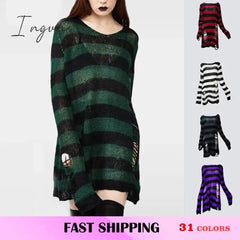 Ingvn - Plus Size Punk Gothic Long Unisex Sweater Dress Women Man Striped Cool Hollow Out Hole