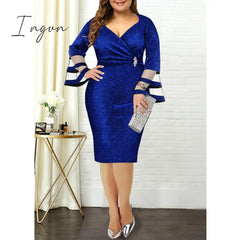 Ingvn - Plus Size Women Dresses Autumn Elegant Bright Silk Wedding Evening Birthday Party Dress V