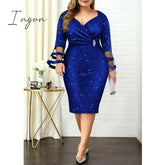 Ingvn - Plus Size Women Dresses Autumn Elegant Bright Silk Wedding Evening Birthday Party Dress V